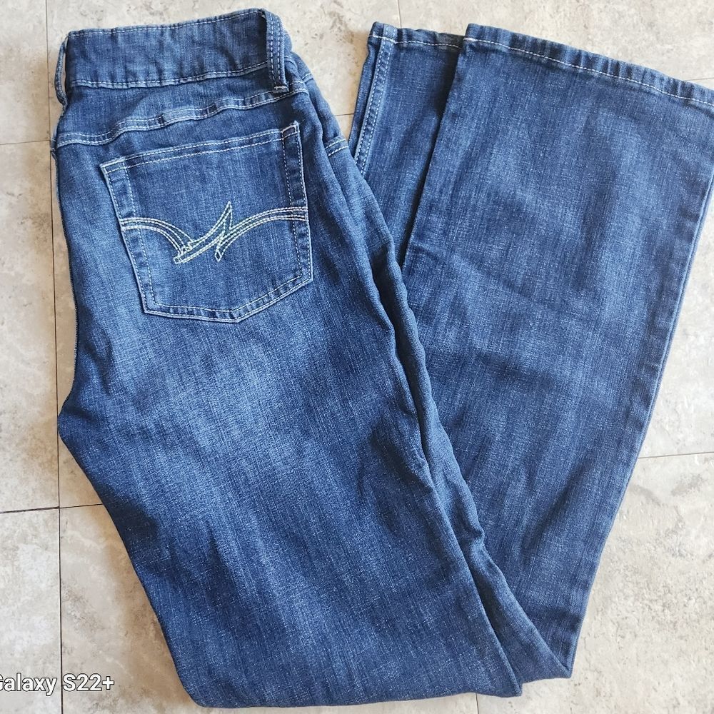 70 Wrangler Boot Cut Jeans Dark Wash Women Sz 11 x34" inseam Decorative Pockets